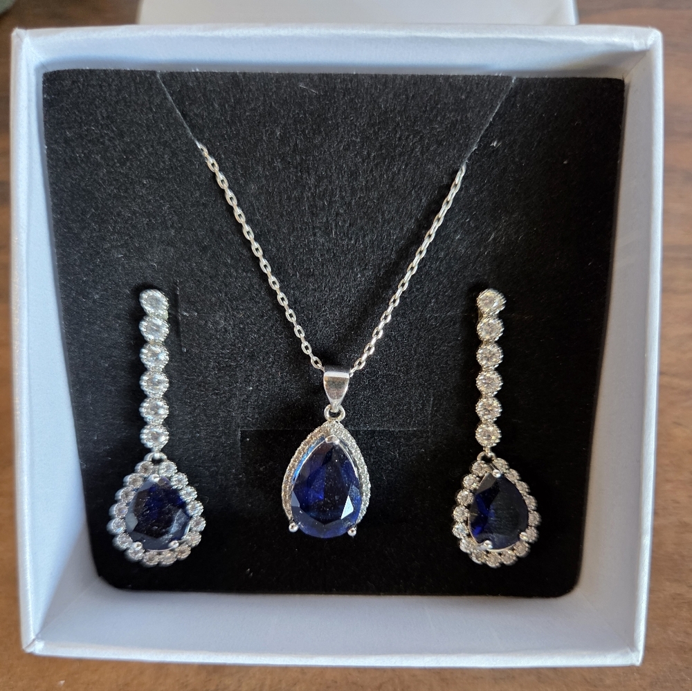 Blue Sapphire Cubic Zirconia Teardrop Earrings & Necklace Bridal Jewelry Set - Picture 2 of 4